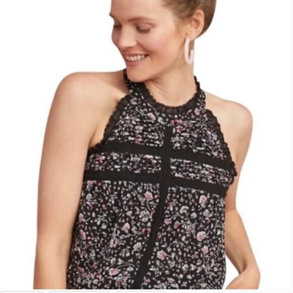 Anthropologie Maeve Floral Crochet Lace Halter Blouse Top Black Size Medium - Picture 2 of 16